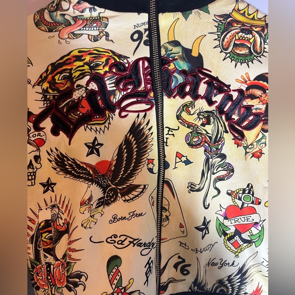 Ed Hardy Women's Yellow Bomber Jacket with Tattoo Print - Picture 3 of 15